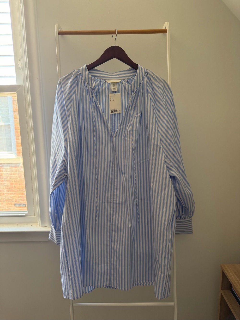 H&M Blue and White Striped Casual Button-Down Tunic Shirt